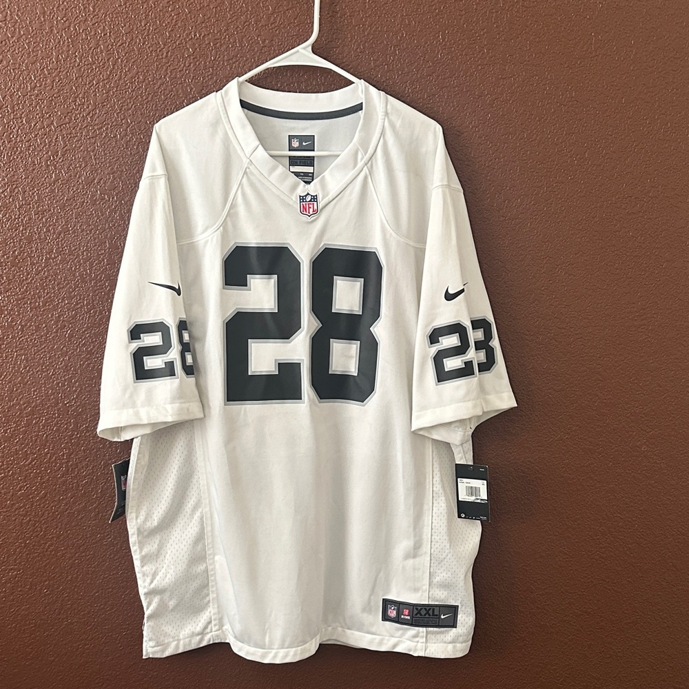 Nike NFL Men's Las Vegas Raiders Josh Jacob’s 28 White and Black Field Jersey